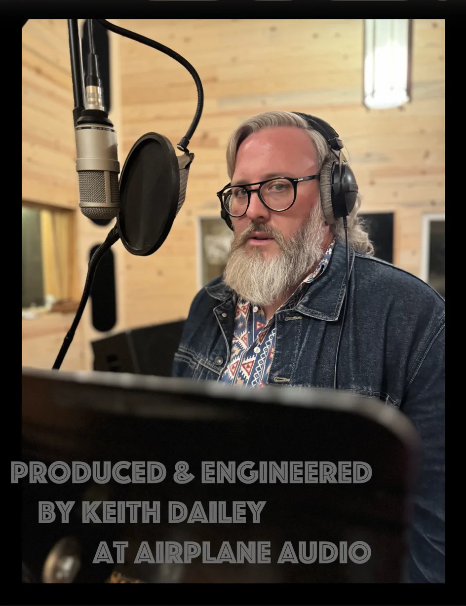 Sea Stoltzner in the studio. Text reads: Produced & engineered by Keith Dailey at Airplane Audio.