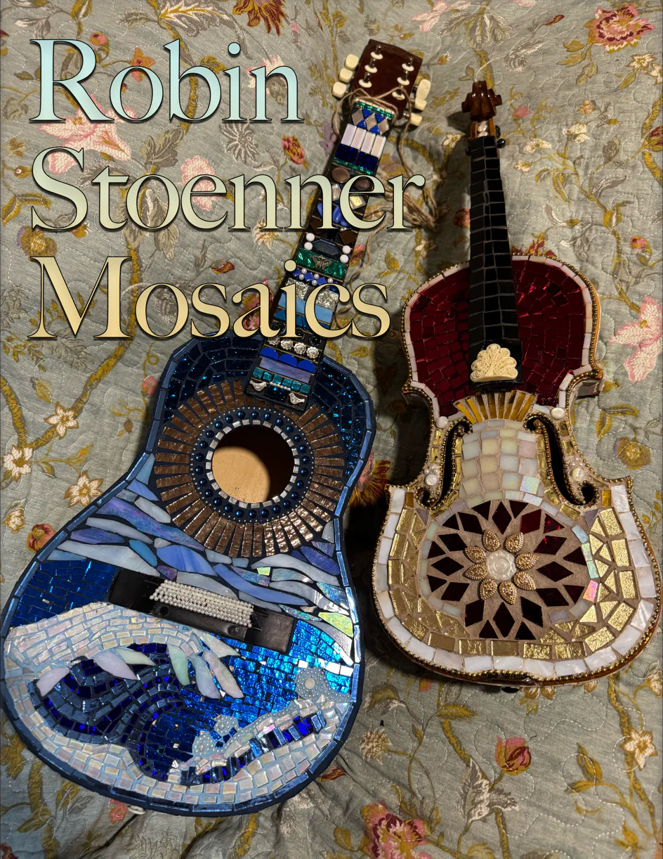 A guitar and a violin covered in mosaic tilework by Robin Stoenner