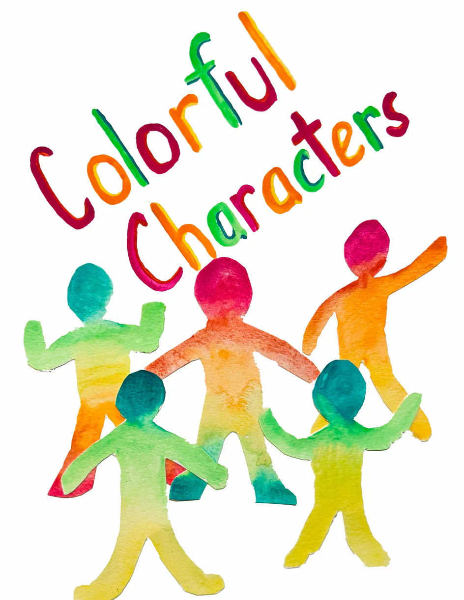 Colorful Characters — hand-lettered watercolor title above five brightly painted human figures